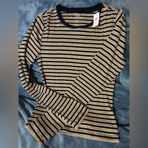 GAP Navy and Tan Striped Long Sleeved Ribbed Fitted Tee